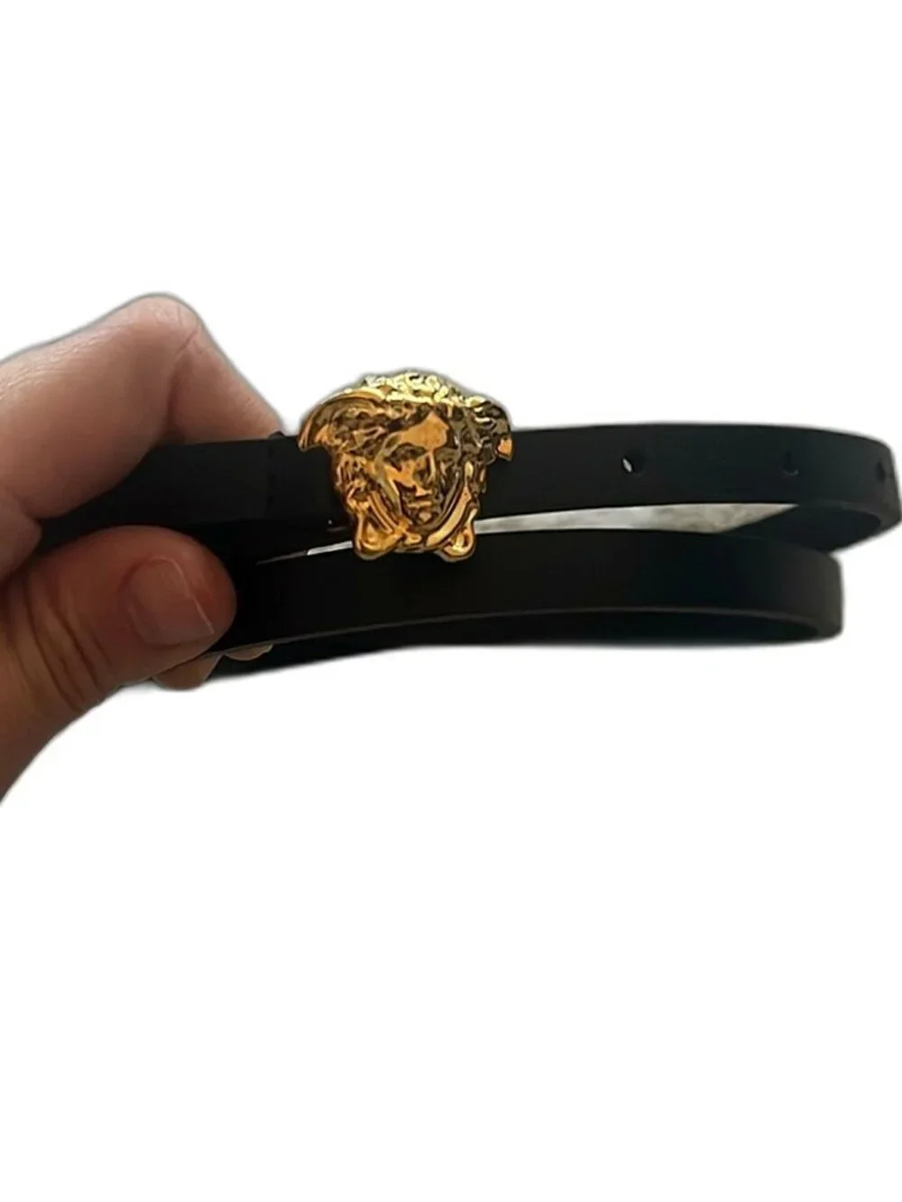 Versace Black Leather Skinny Medusa Belt 1cm Gold 40 Italy
